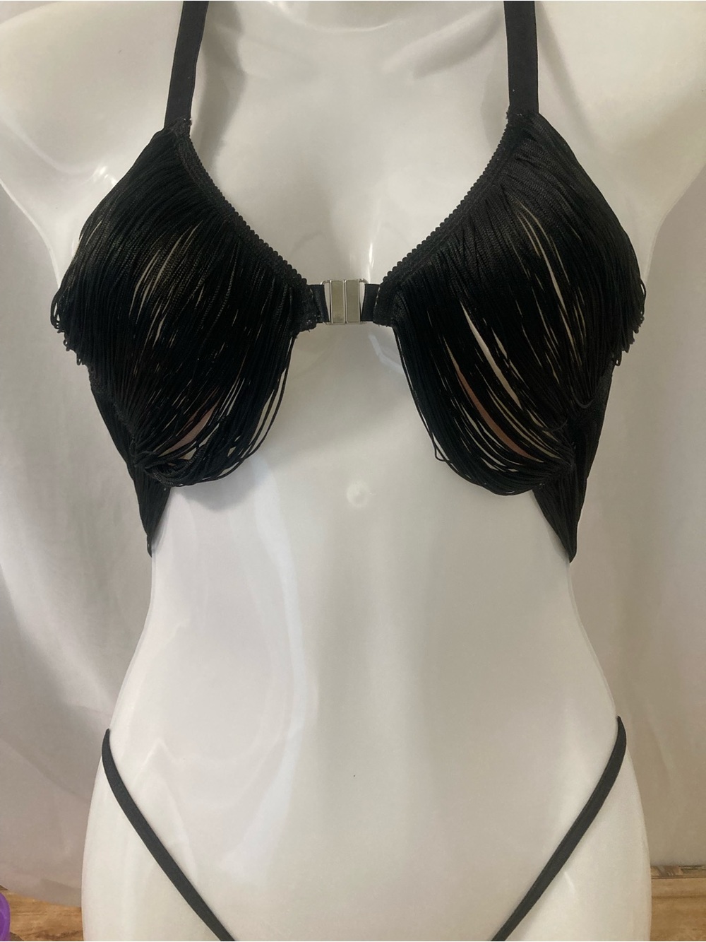 Made by Nikki Black Fringe Bikini Top UK12 Festival Rave Y2K Boho